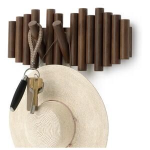 Umbra Picket 5-Hook Wall-Mounted Coat Rack – Modern Flip-Down Wood Hooks -Walnut